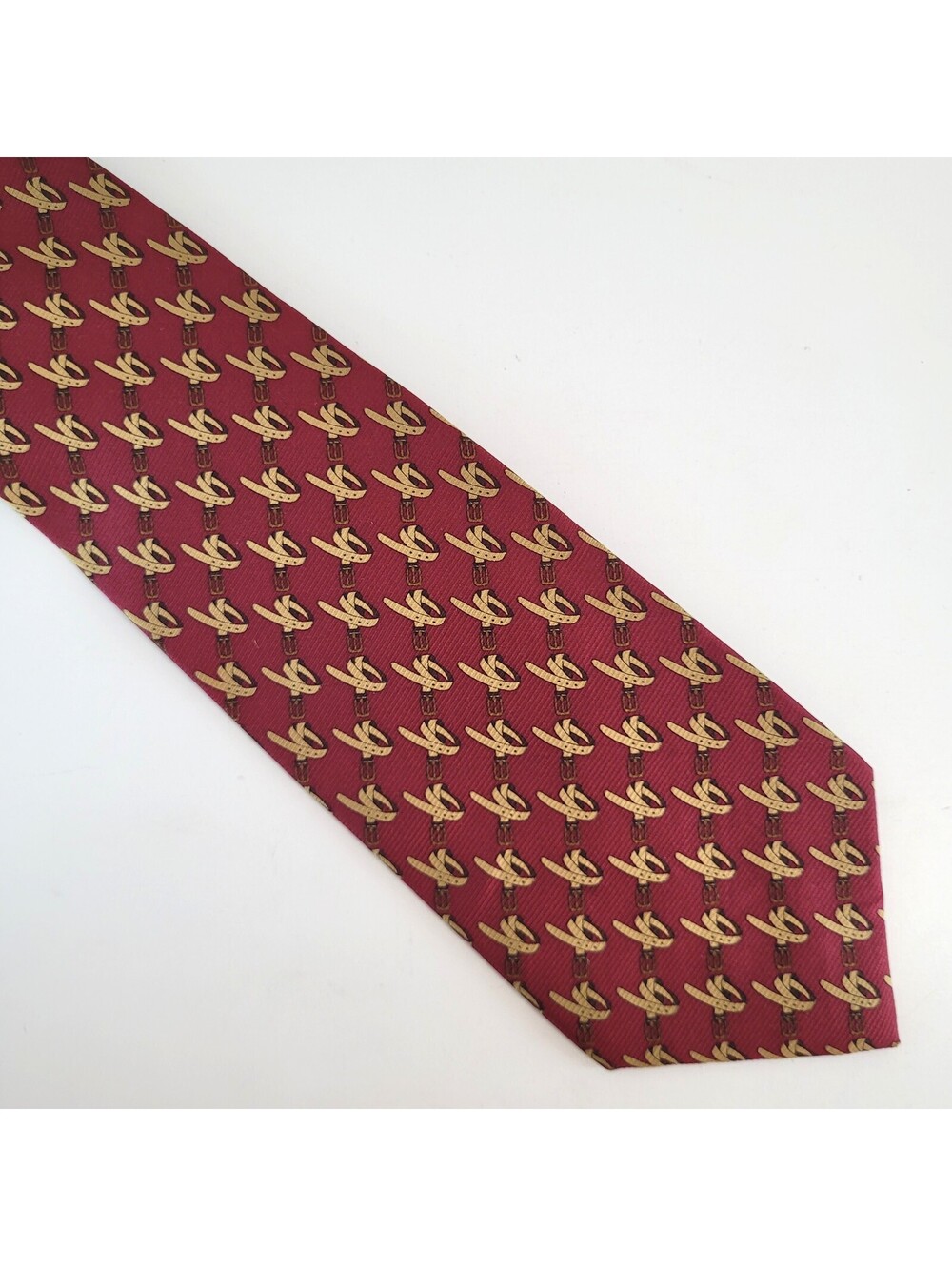 Coach Men's Silk Tie 3.75" Burgundy Red Belt Buckle Print Necktie